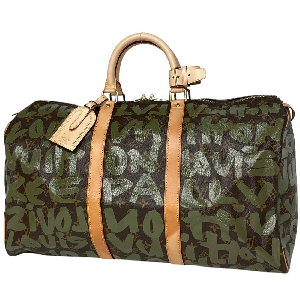 Louis Vuitton Keepall Handbag Travel Bag Graffiti Khaki Green Brown